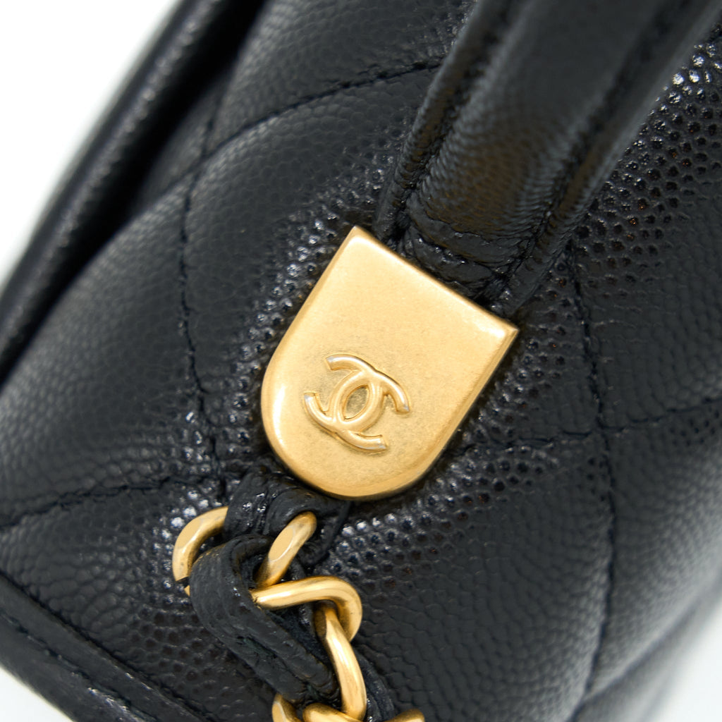 Chanel 22K Top Handle Messenger Bag Caviar Black Brushed (Microchip)