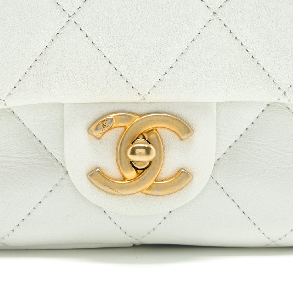 Chanel Circular Handle Quilted Flap Bag Lambskin White Brushed