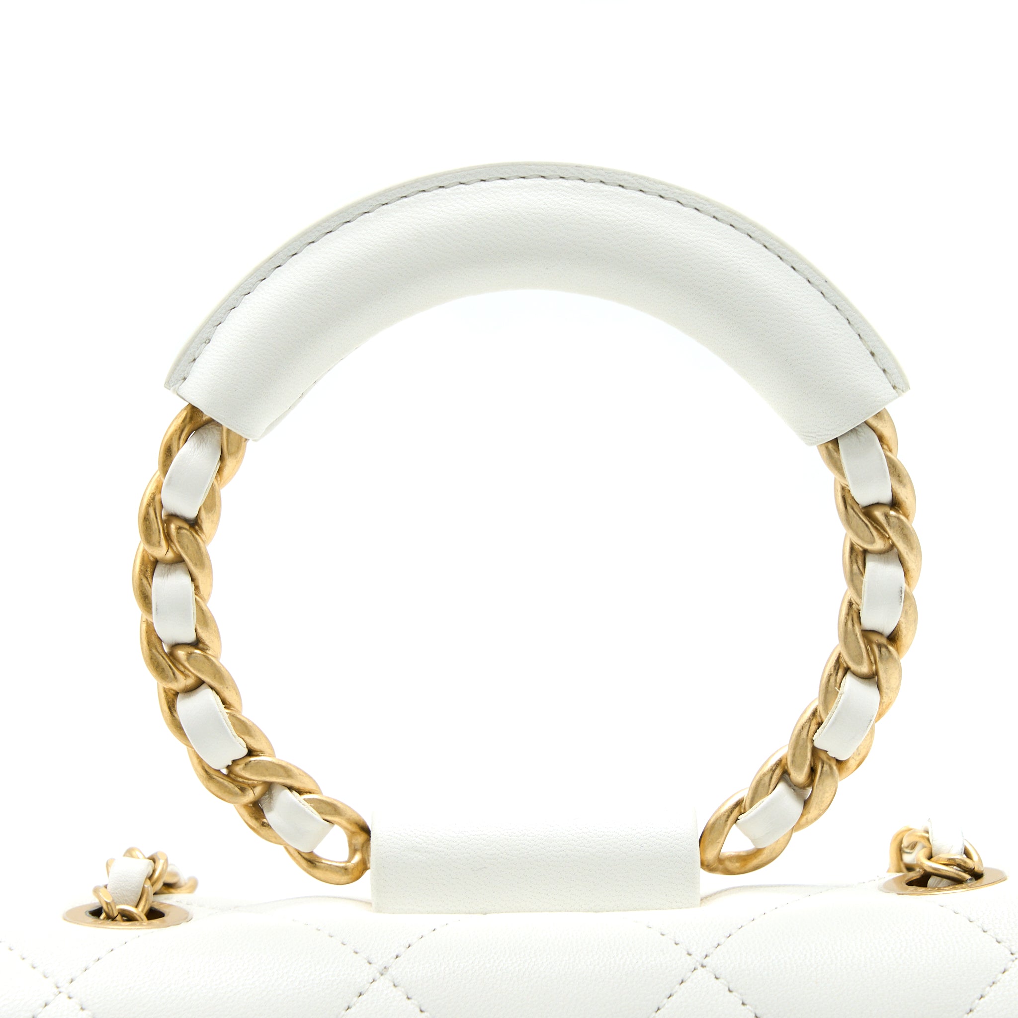 Chanel Circular Handle Quilted Flap Bag Lambskin White Brushed