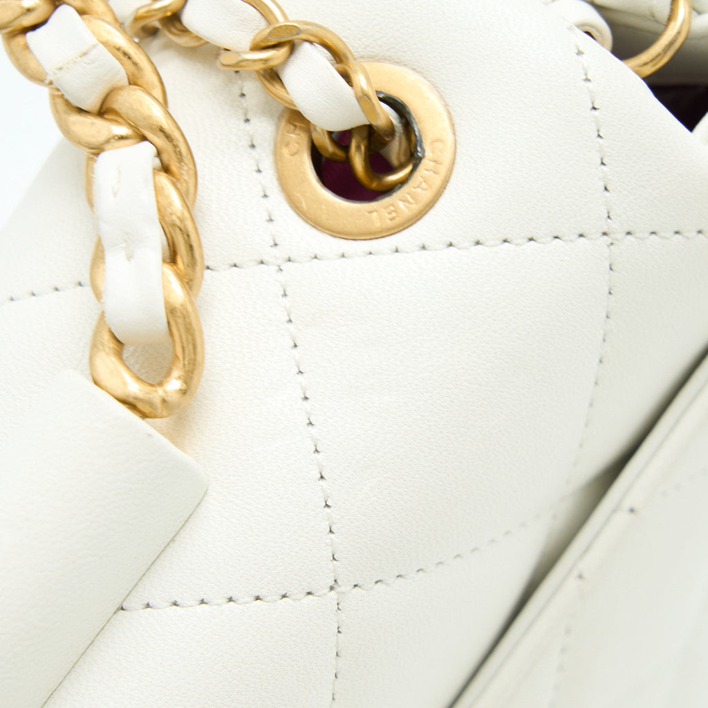 Chanel Circular Handle Quilted Flap Bag Lambskin White Brushed