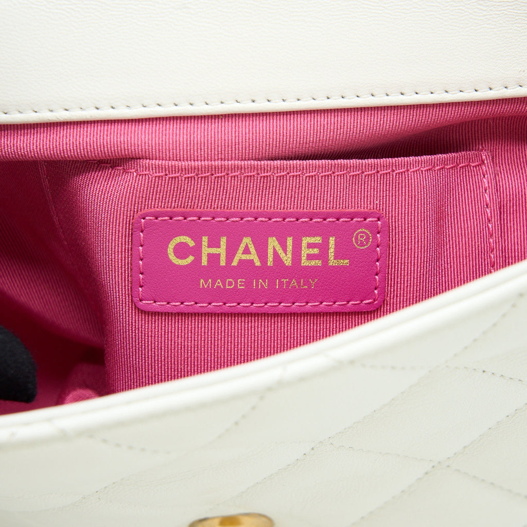 Chanel Circular Handle Quilted Flap Bag Lambskin White Brushed