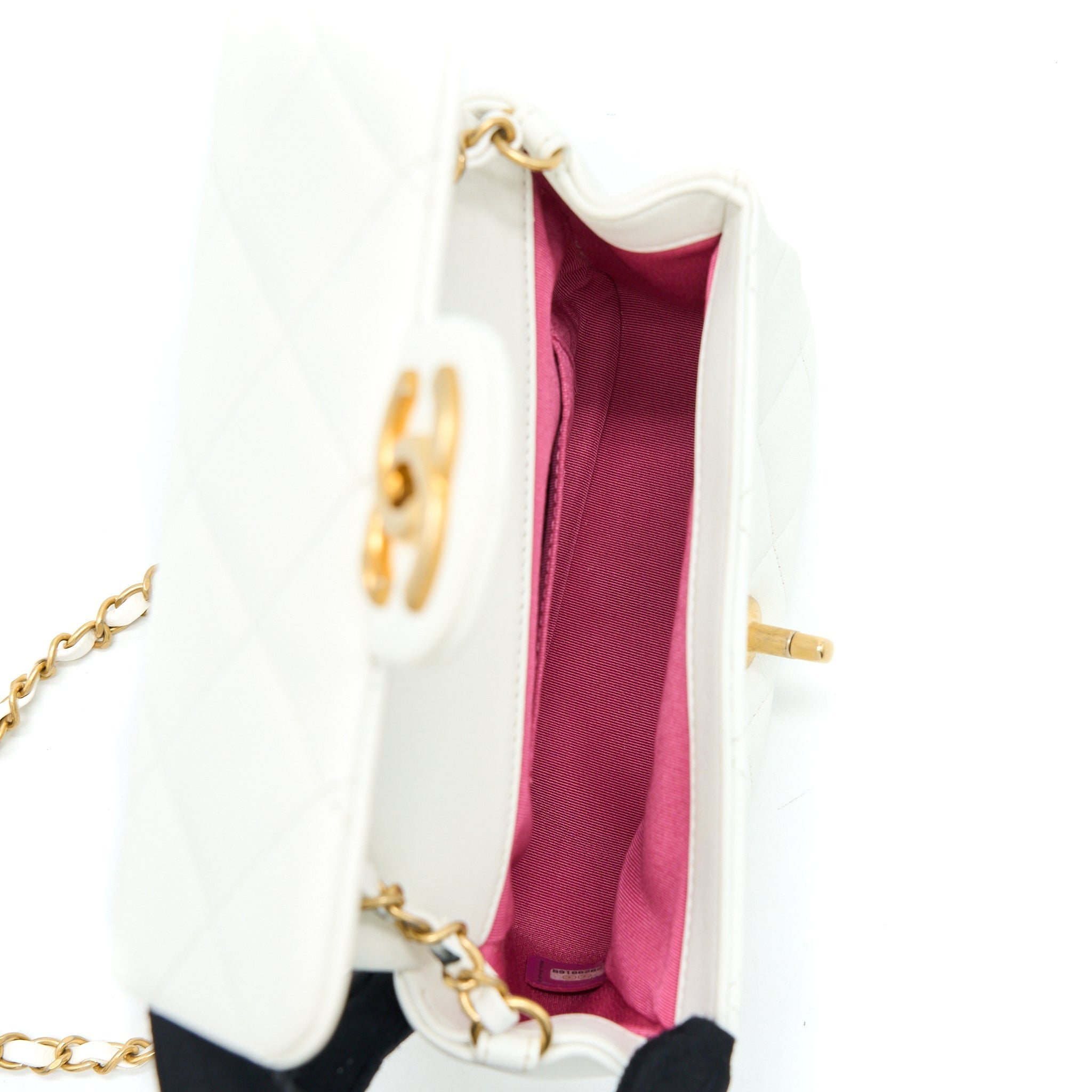 Chanel Circular Handle Quilted Flap Bag Lambskin White Brushed