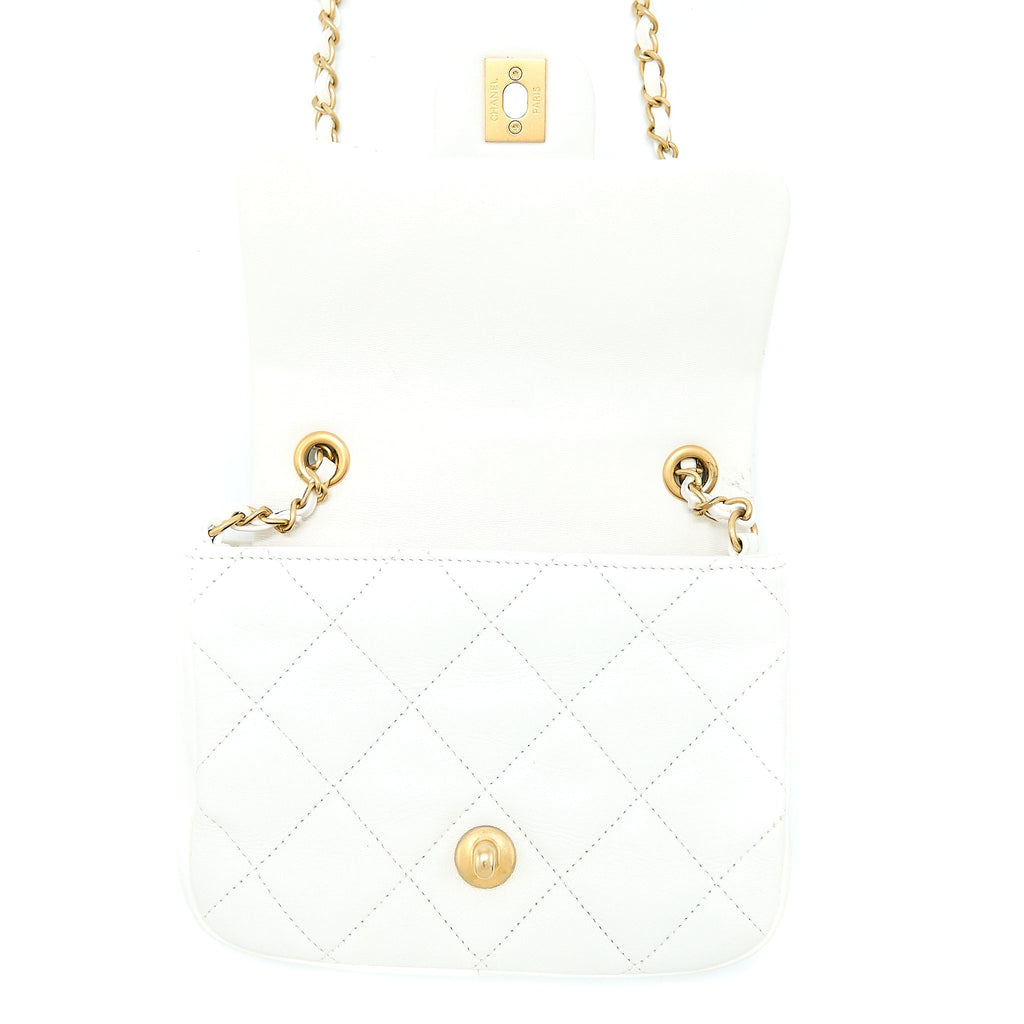 Chanel Circular Handle Quilted Flap Bag Lambskin White Brushed
