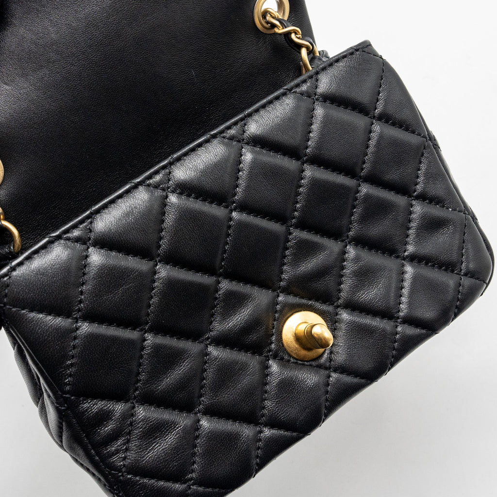Chanel Pearl Crush Mini Square Flap Bag Lambskin BLACK  (Microchip)