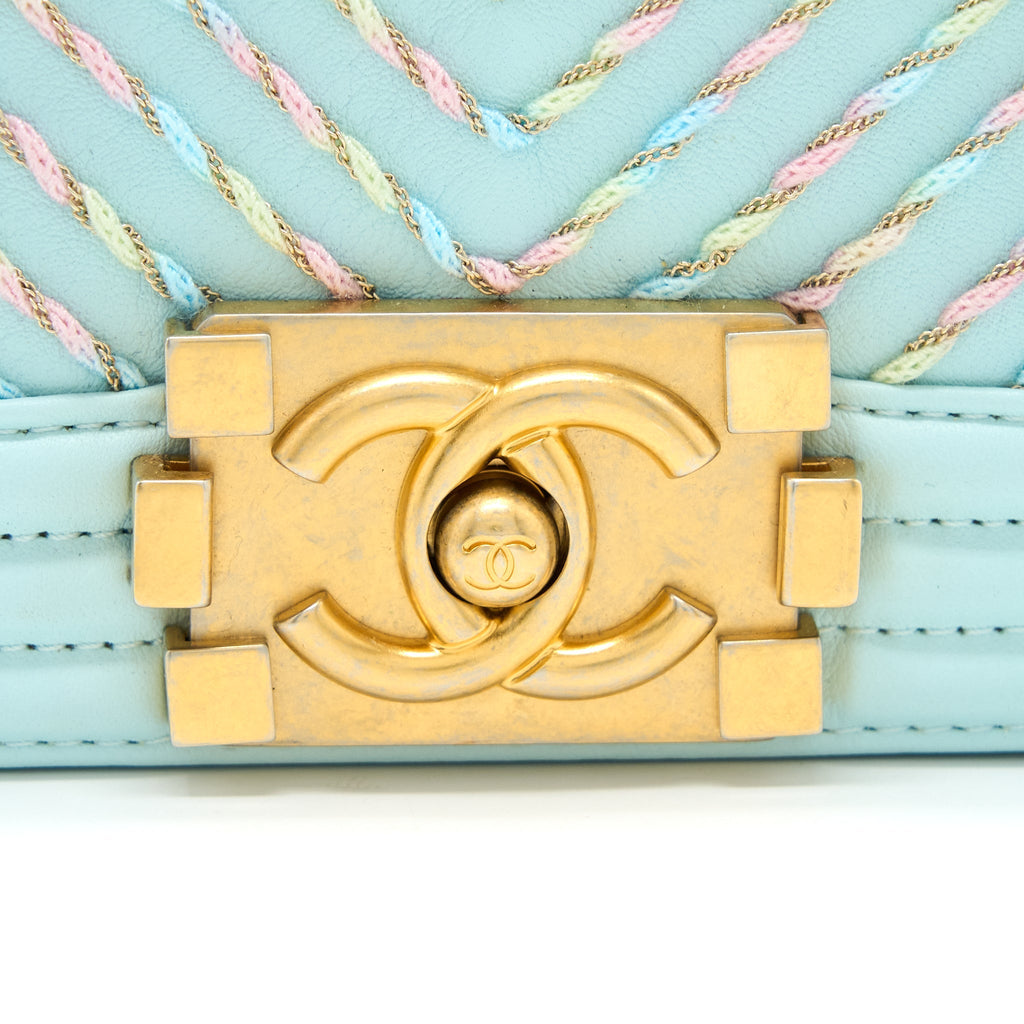 Chanel Small Boy Bag Chevron Calfskin Light Blue/Multicolour Brushed