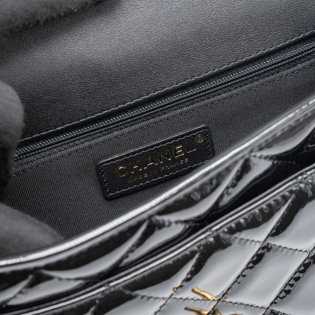 Chanel 22K Top Handle Messenger Bag Patent Leather Black Brushed  (Microchip)