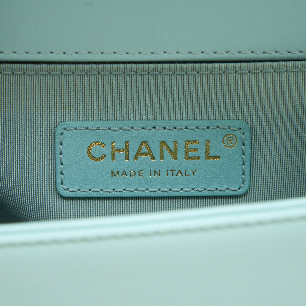 Chanel Small Boy Bag Chevron Calfskin Light Blue/Multicolour Brushed