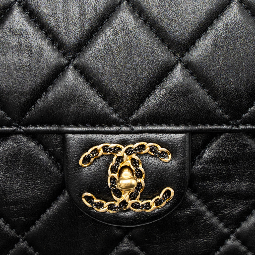 Chanel Quilted Square Flap Bag Goatskin Black Brushed  (Microchip)