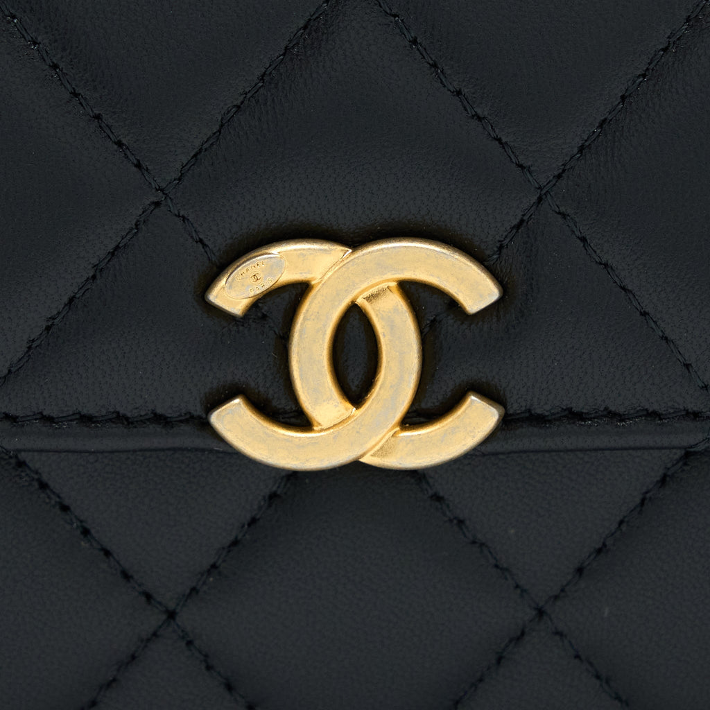 Chanel 22B Flap Bag With Enamel Top Handle Lambskin Black
