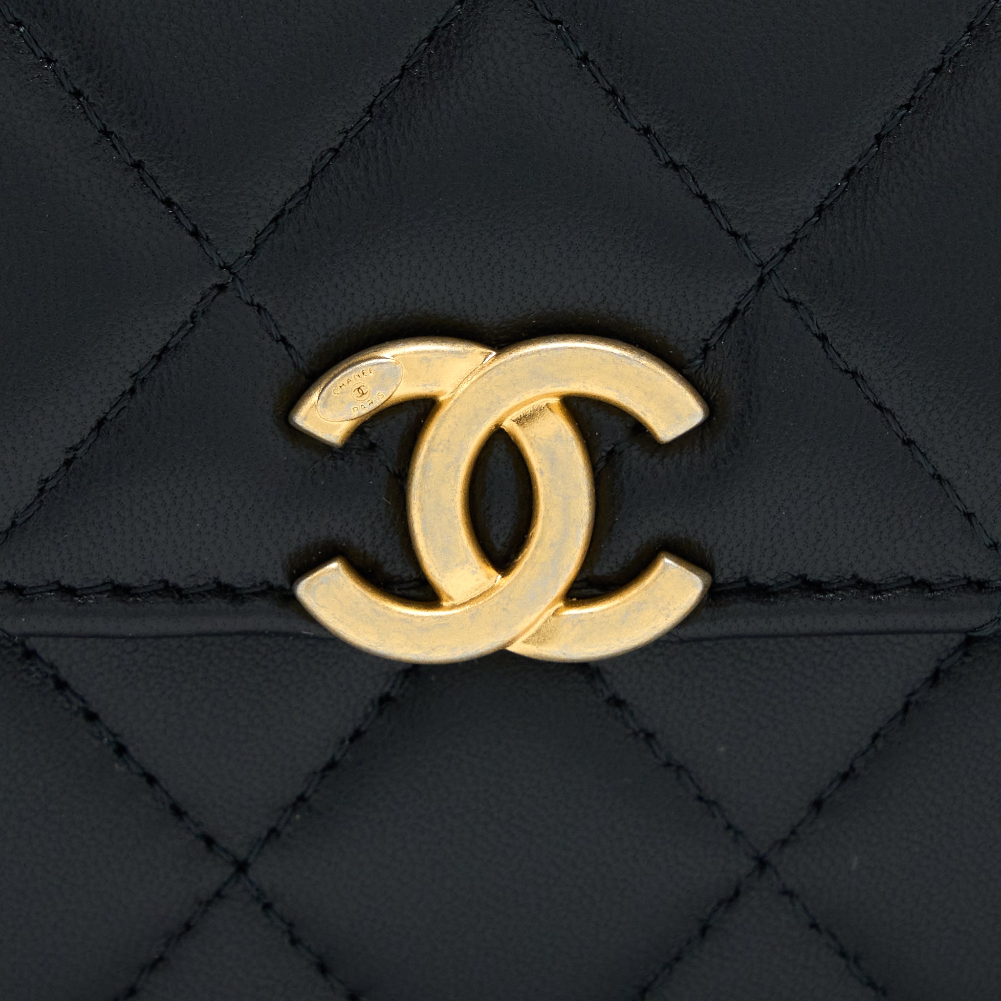 Chanel 22B Flap Bag With Enamel Top Handle Lambskin Black