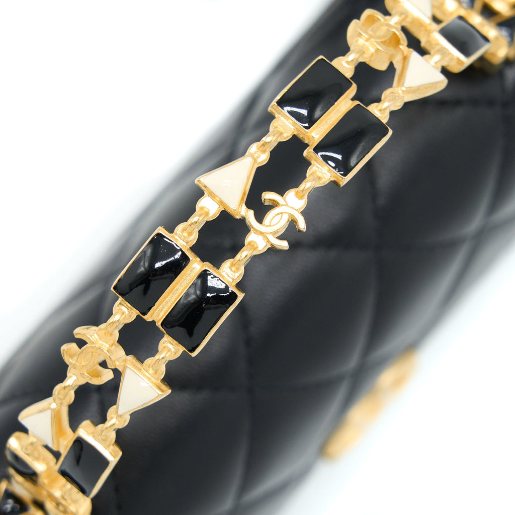 Chanel 22B Flap Bag With Enamel Top Handle Lambskin Black