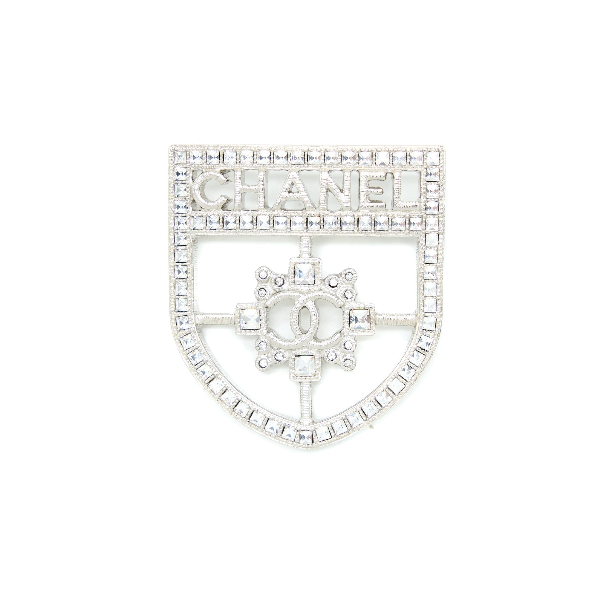 Chanel Shield Brooch Crystal Silver Tone