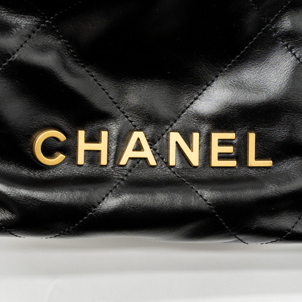 Chanel Mini 22 Bag Shiny Calfskin Black Brushed  (Microchip)