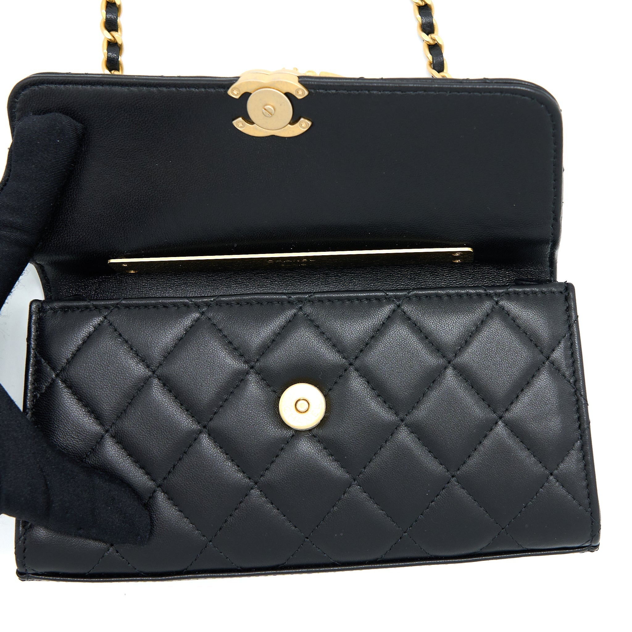 Chanel 22B Flap Bag With Enamel Top Handle Lambskin Black