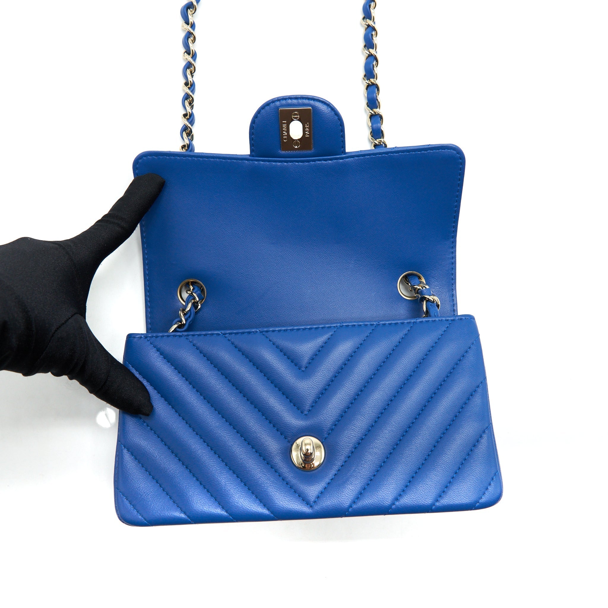 Chanel Mini Rectangular Flap Bag Chevron Lambskin Blue L