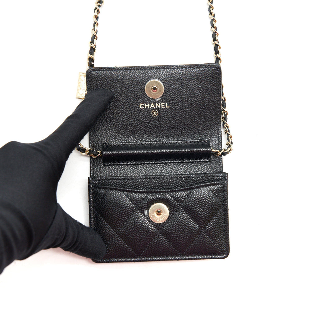 Chanel Caviar Card Holer with chain and bag charm Black L
