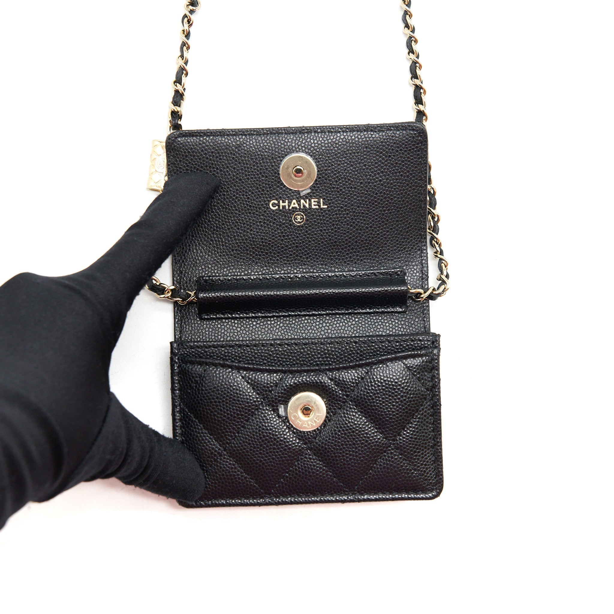 Chanel Caviar Card Holer with chain and bag charm Black L