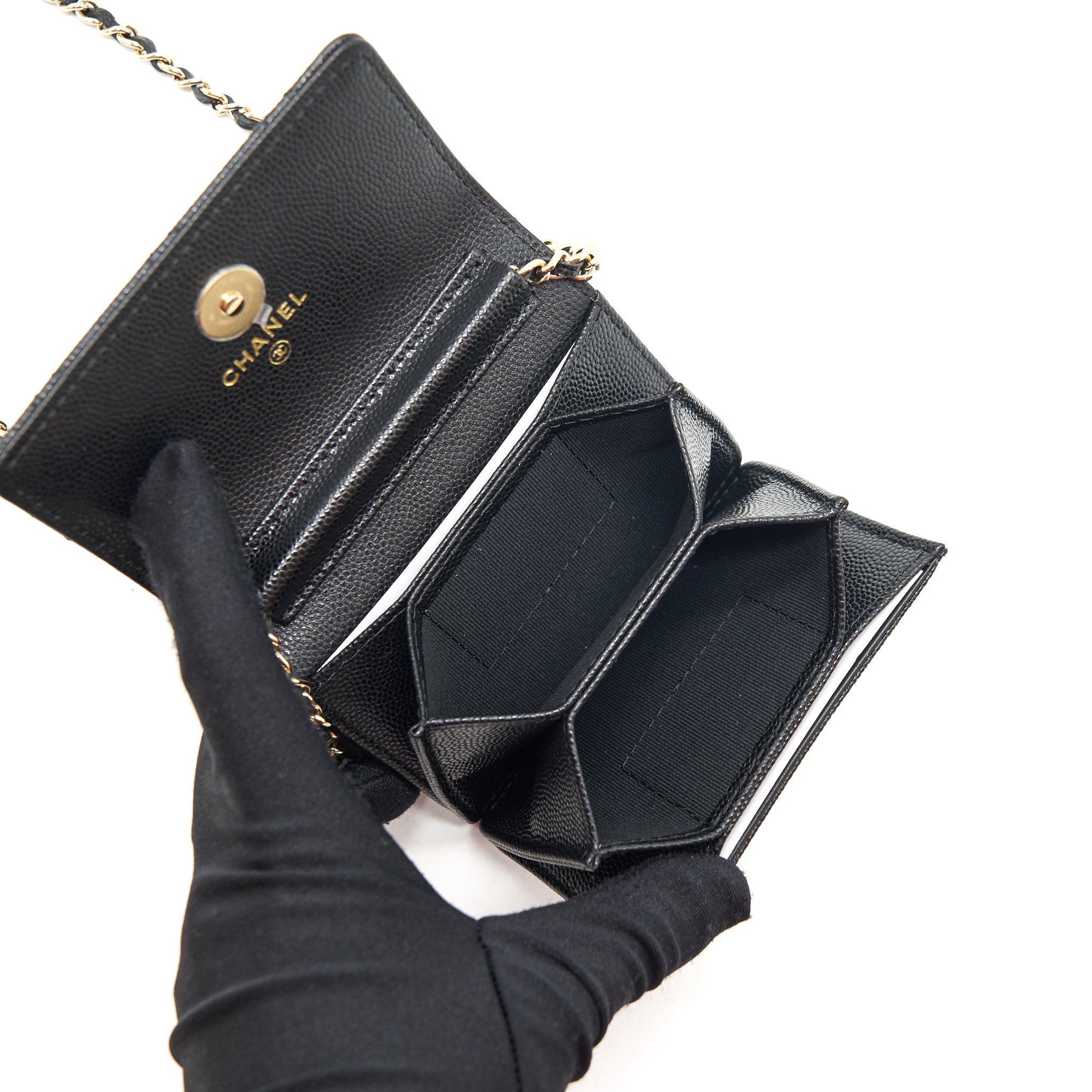 Chanel Caviar Card Holer with chain and bag charm Black L