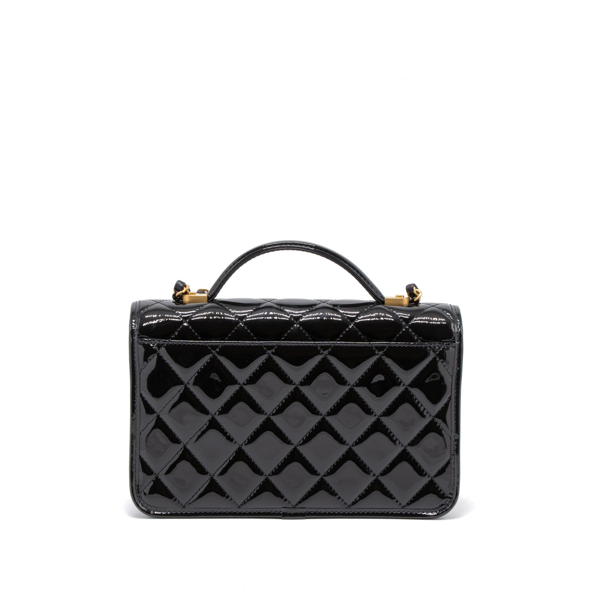 Chanel 22K Top Handle Messenger Bag Patent Leather Black Brushed  (Microchip)