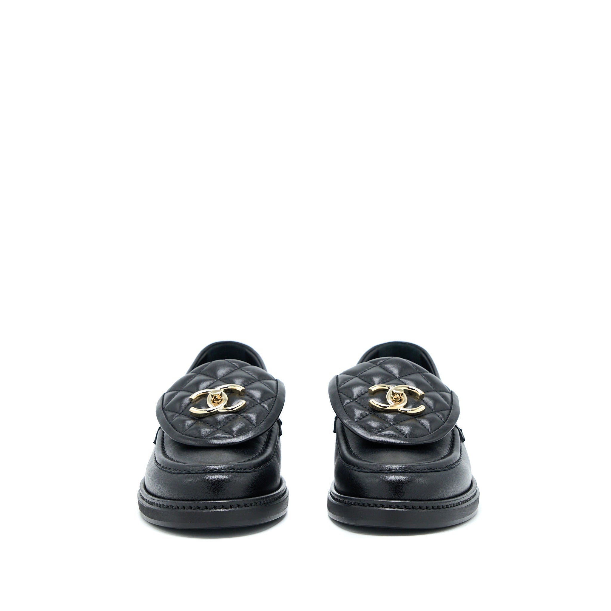 Chanel Size 38 CC Turnlock Loafers Black Quilted Leather L