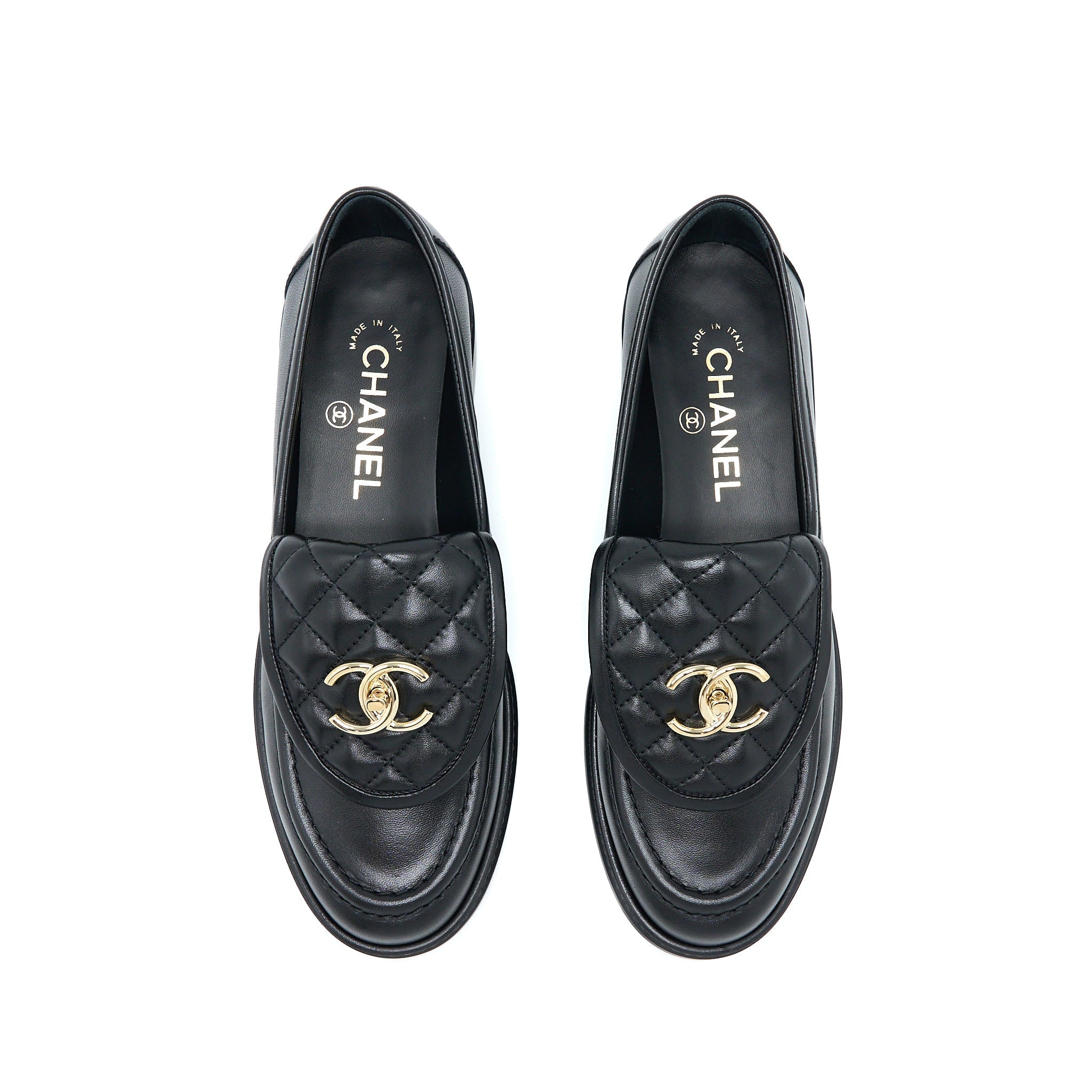 Chanel Size 38 CC Turnlock Loafers Black Quilted Leather L