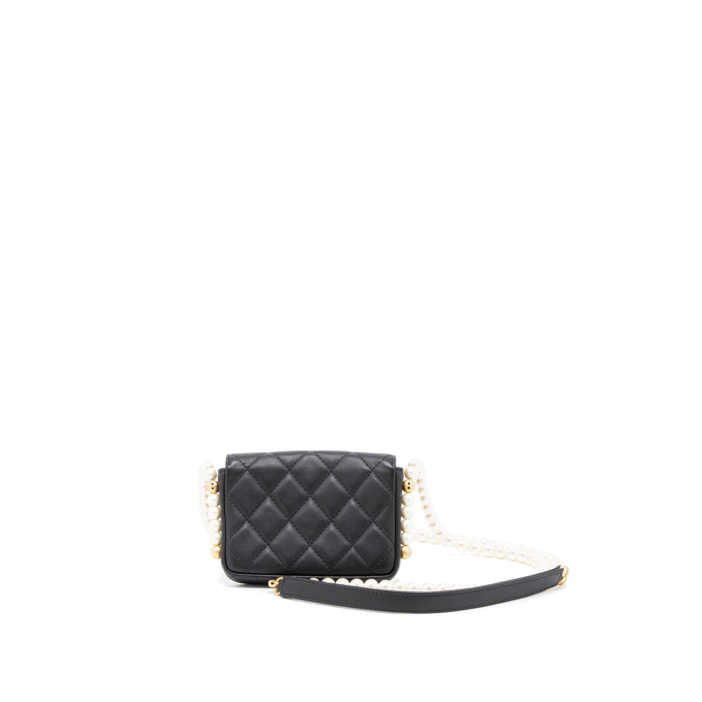Chanel Pearl Chain Mini Flap Bag Lambskin Black Brushed