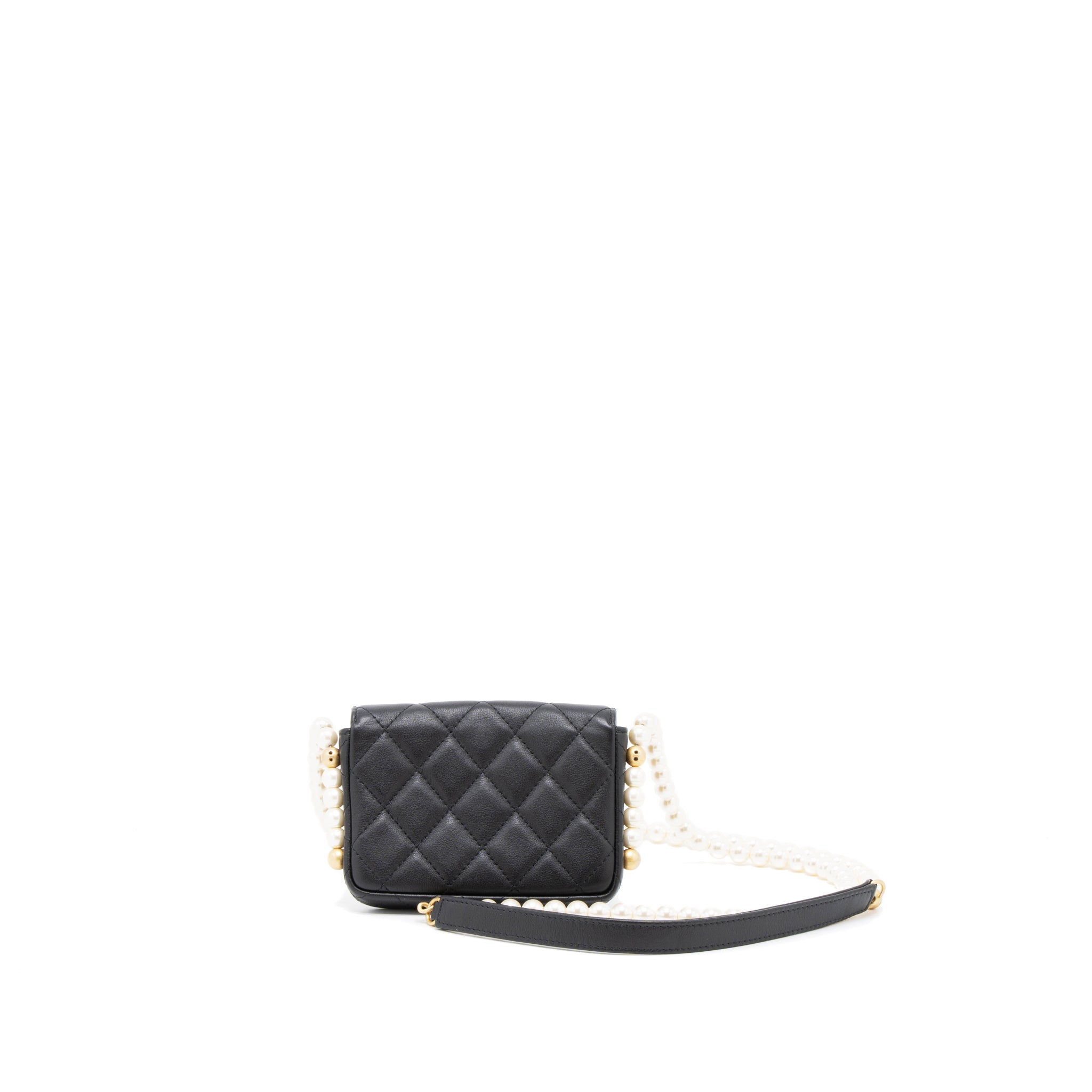 Chanel Pearl Chain Mini Flap Bag Lambskin Black Brushed