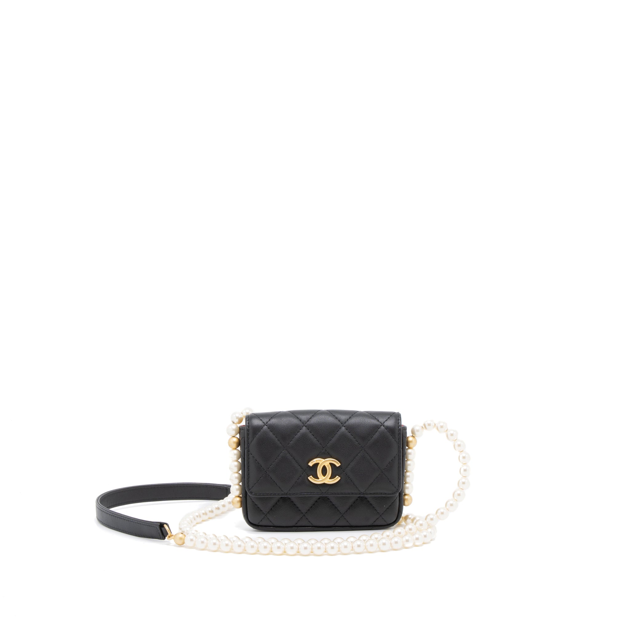 Chanel Pearl Chain Mini Flap Bag Lambskin Black Brushed