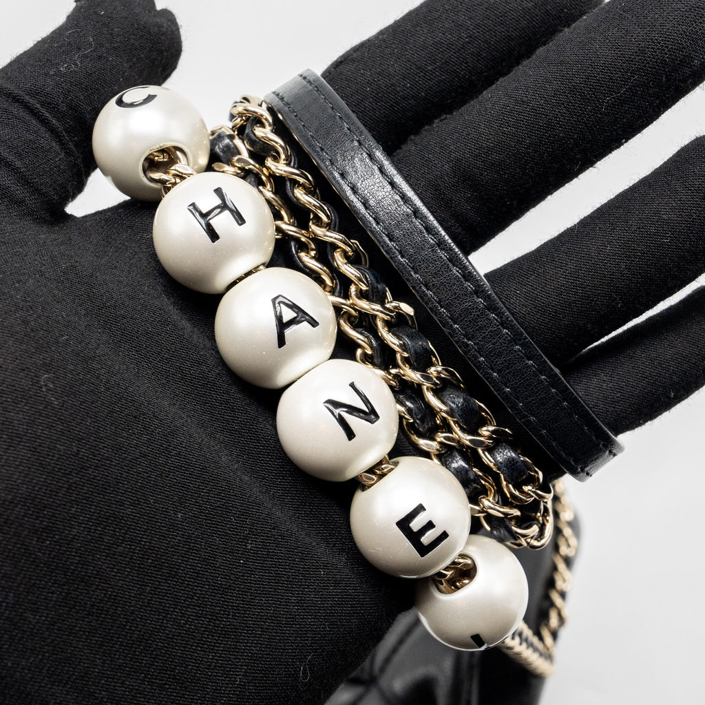 Chanel Pearl Chain Quilted Flap Bag Lambskin Black