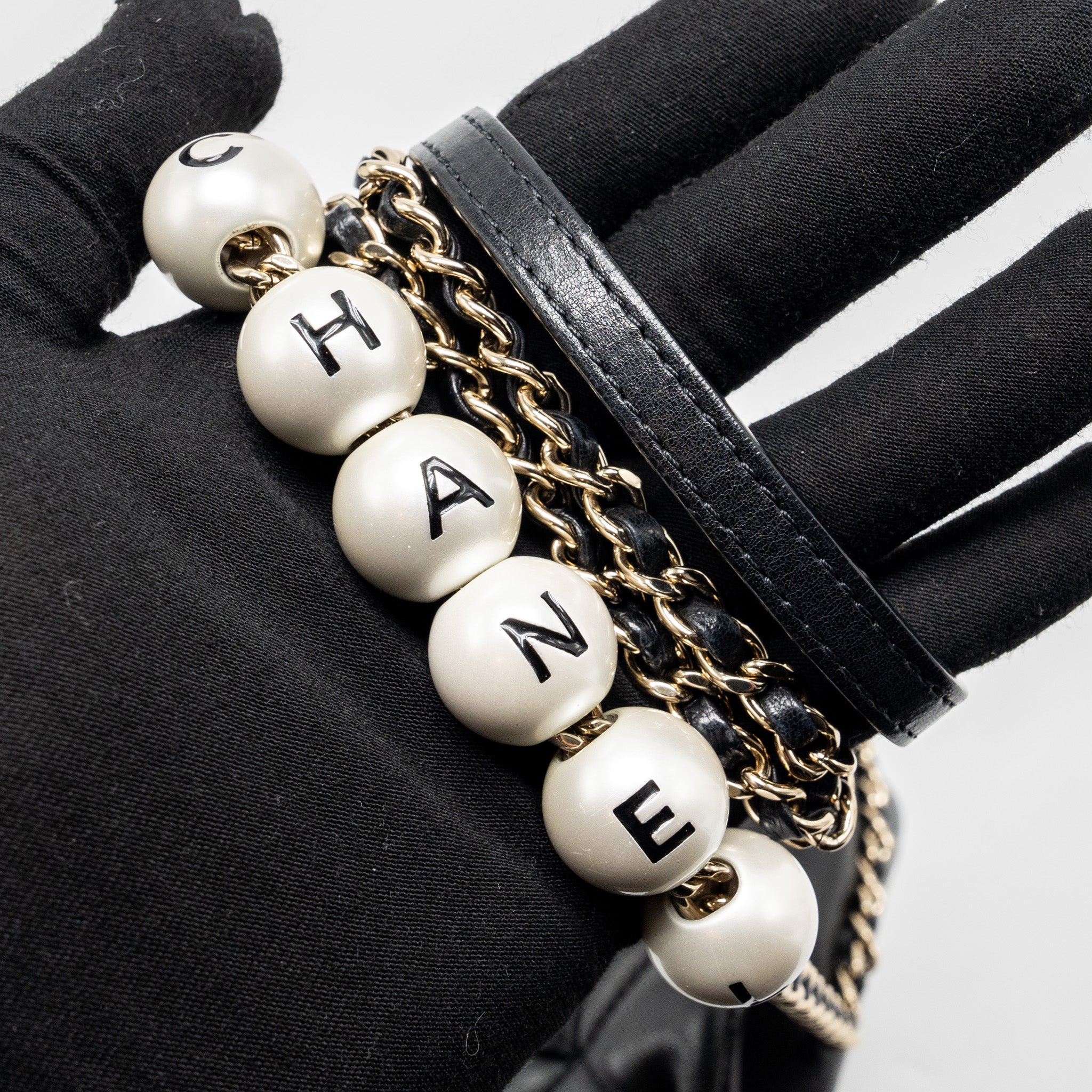 Chanel Pearl Chain Quilted Flap Bag Lambskin Black