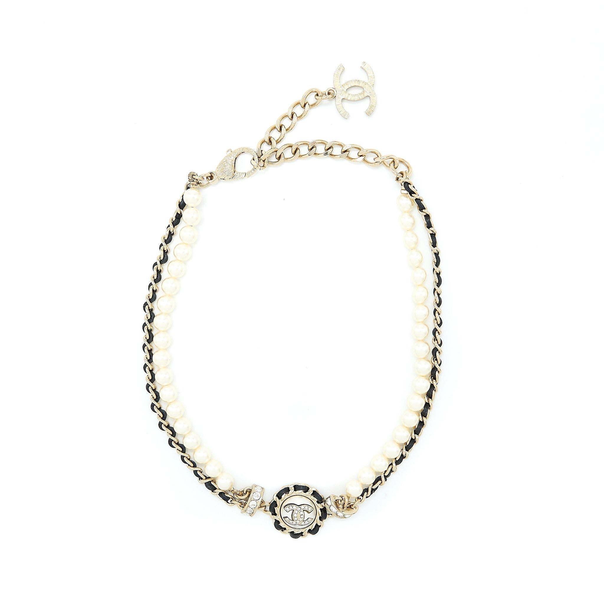 Chanel Crystal CC Logo Leather Chain/ Pearl Chocker Light Gold Tone