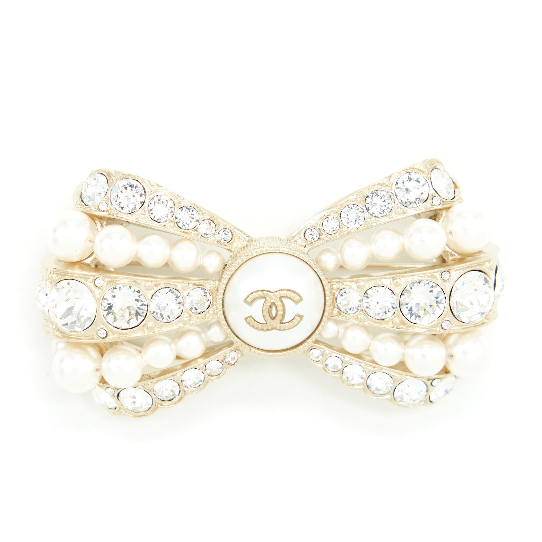 Chanel Bow Brooch With Pearls And Crystals L