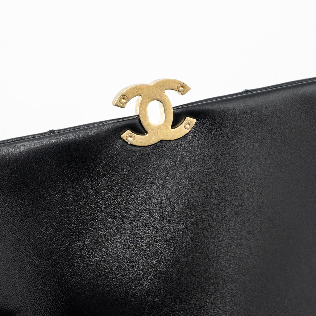 Chanel Quilted Flap Bag Giant Chain Lambskin Black Gold And Black Hardware (microchip)
