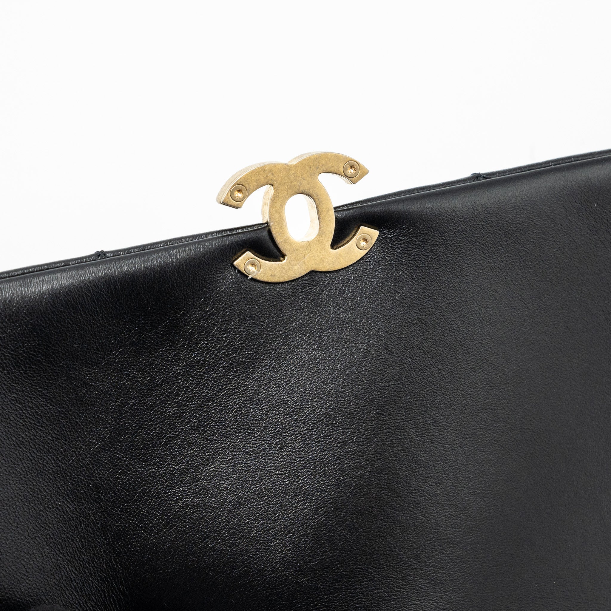 Chanel Quilted Flap Bag Giant Chain Lambskin Black Gold And Black Hardware (microchip)