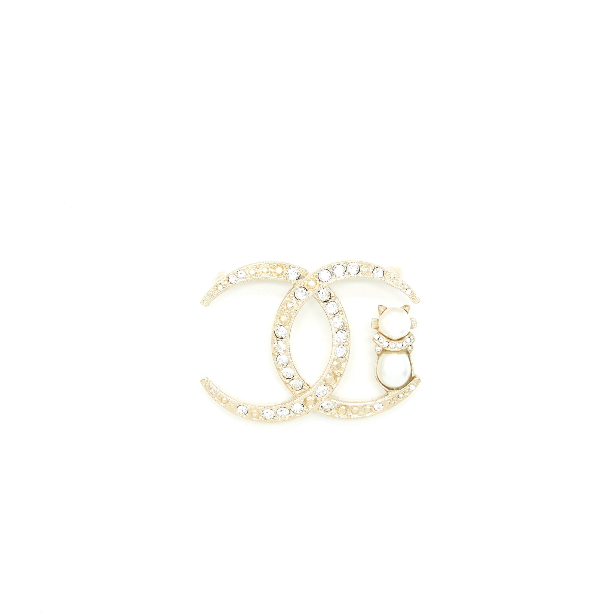 Chanel CC Logo Brooch With Pearl Cat And Crystals L