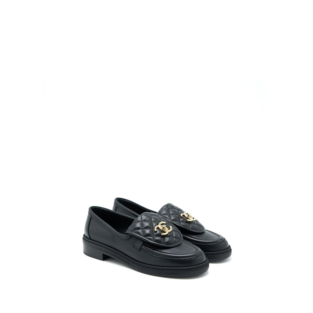 Chanel Size 37.5 Turnlock Loafers Quilted Leather Black L