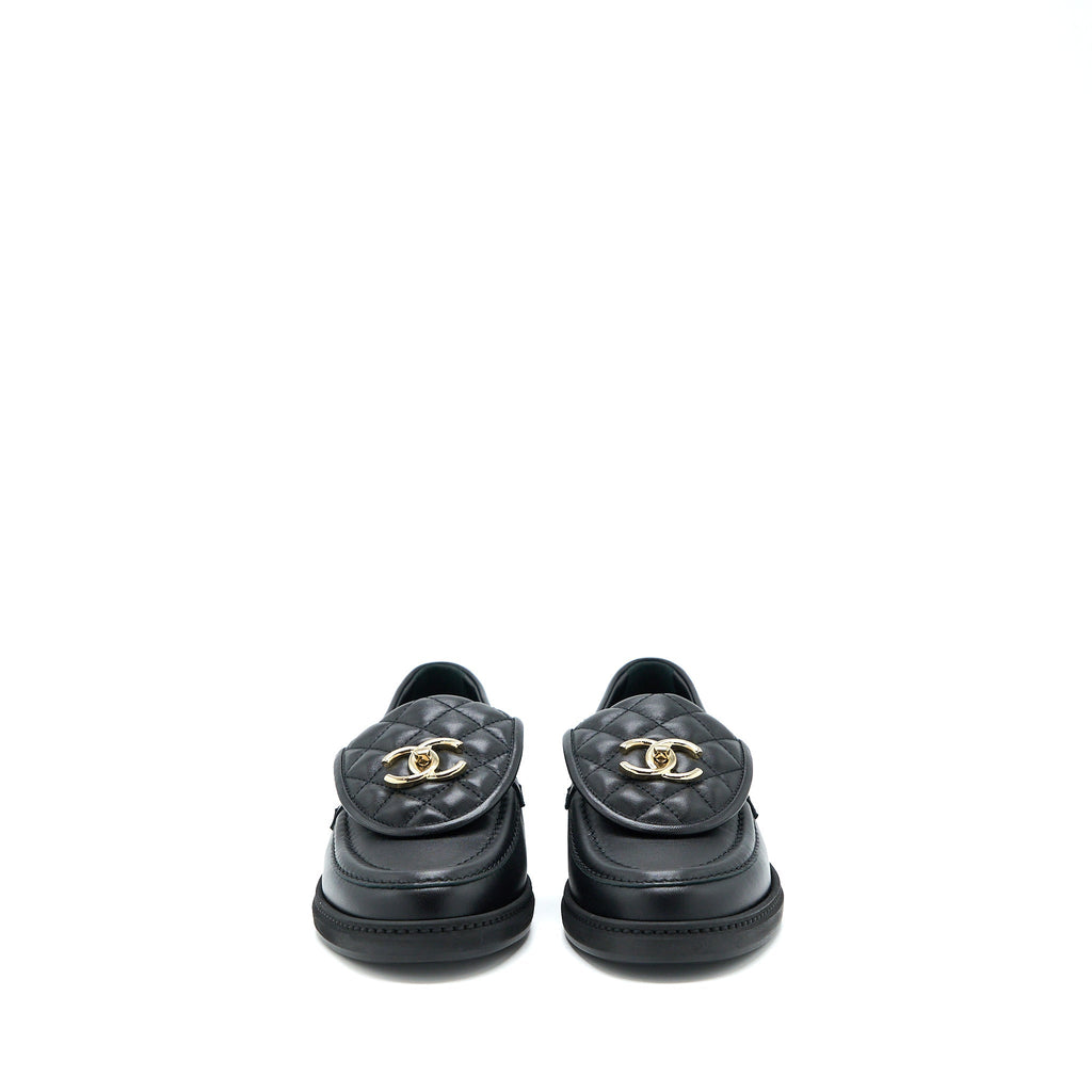 Chanel Size 37.5 Turnlock Loafers Quilted Leather Black L