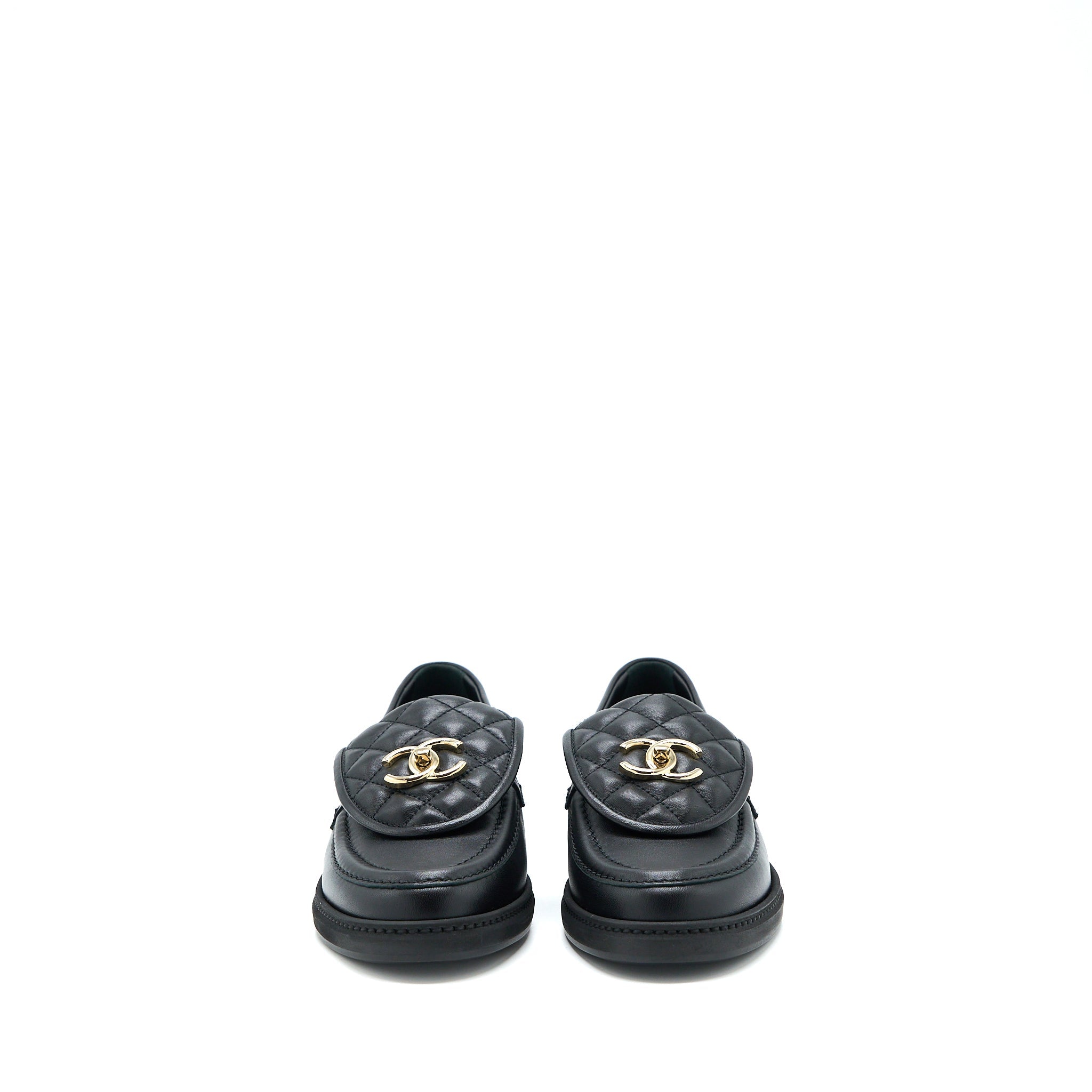 Chanel Size 37.5 Turnlock Loafers Quilted Leather Black L