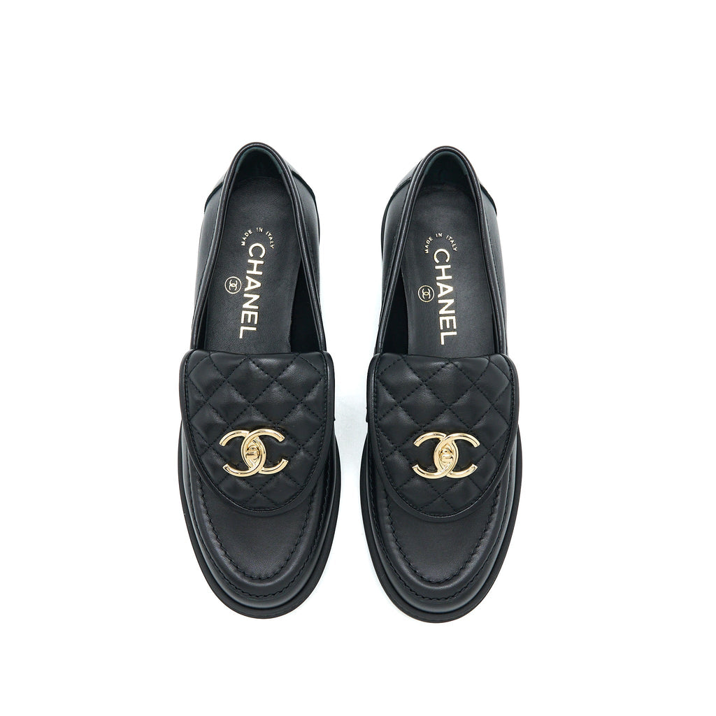 Chanel Size 37.5 Turnlock Loafers Quilted Leather Black L
