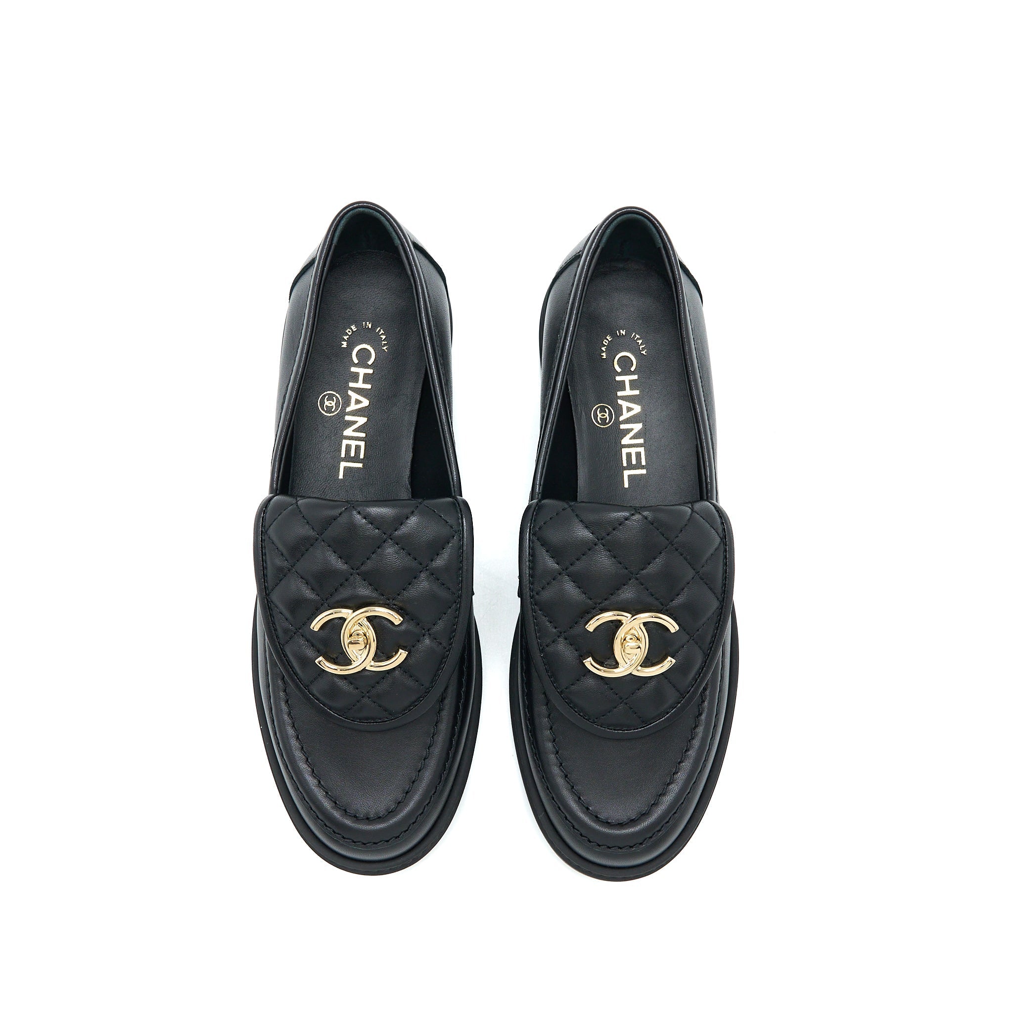 Chanel Size 37.5 Turnlock Loafers Quilted Leather Black L
