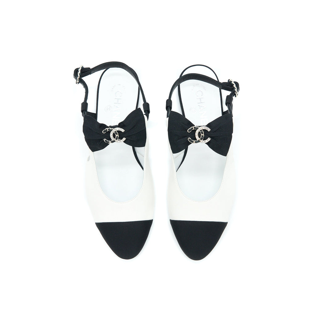 Chanel Size 38.5 Slingback With Ribbon White/Black