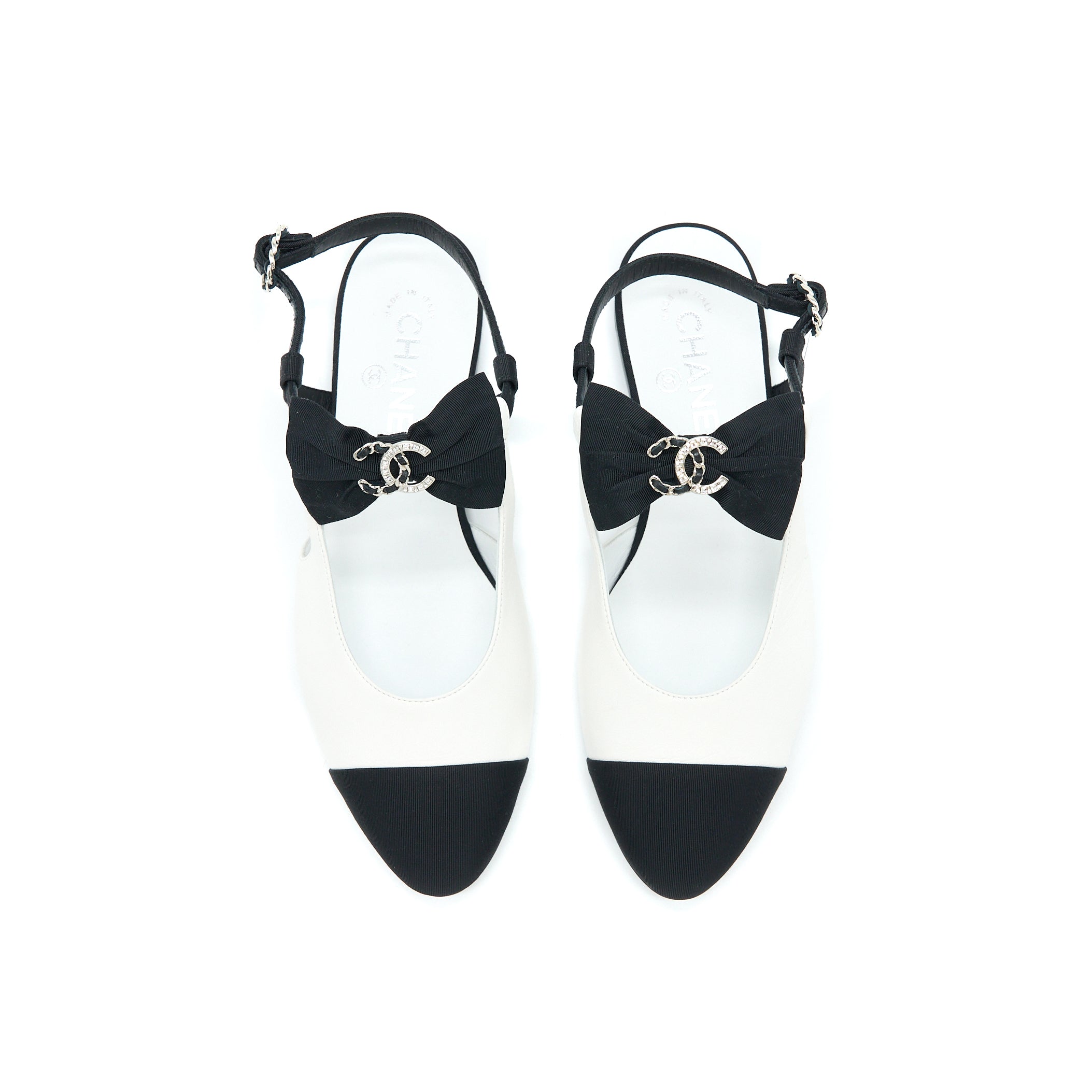 Chanel Size 38.5 Slingback With Ribbon White/Black