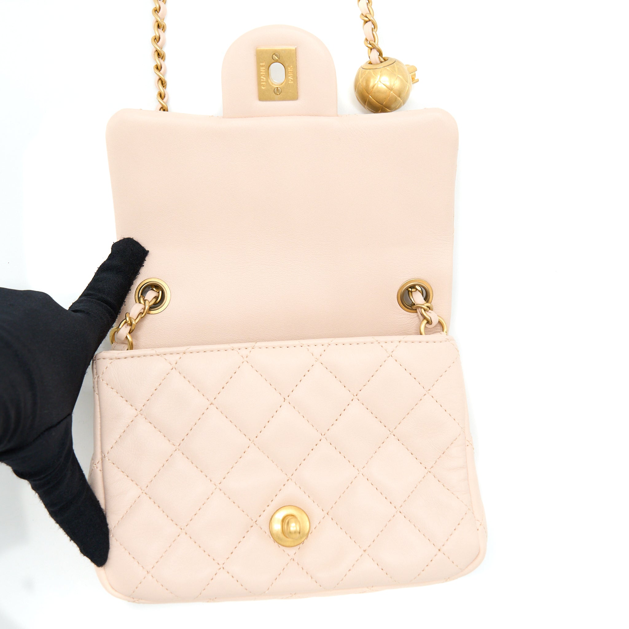 Chanel 22C Pearl Crush Mini Square Flap Bag Lambskin Light Beige