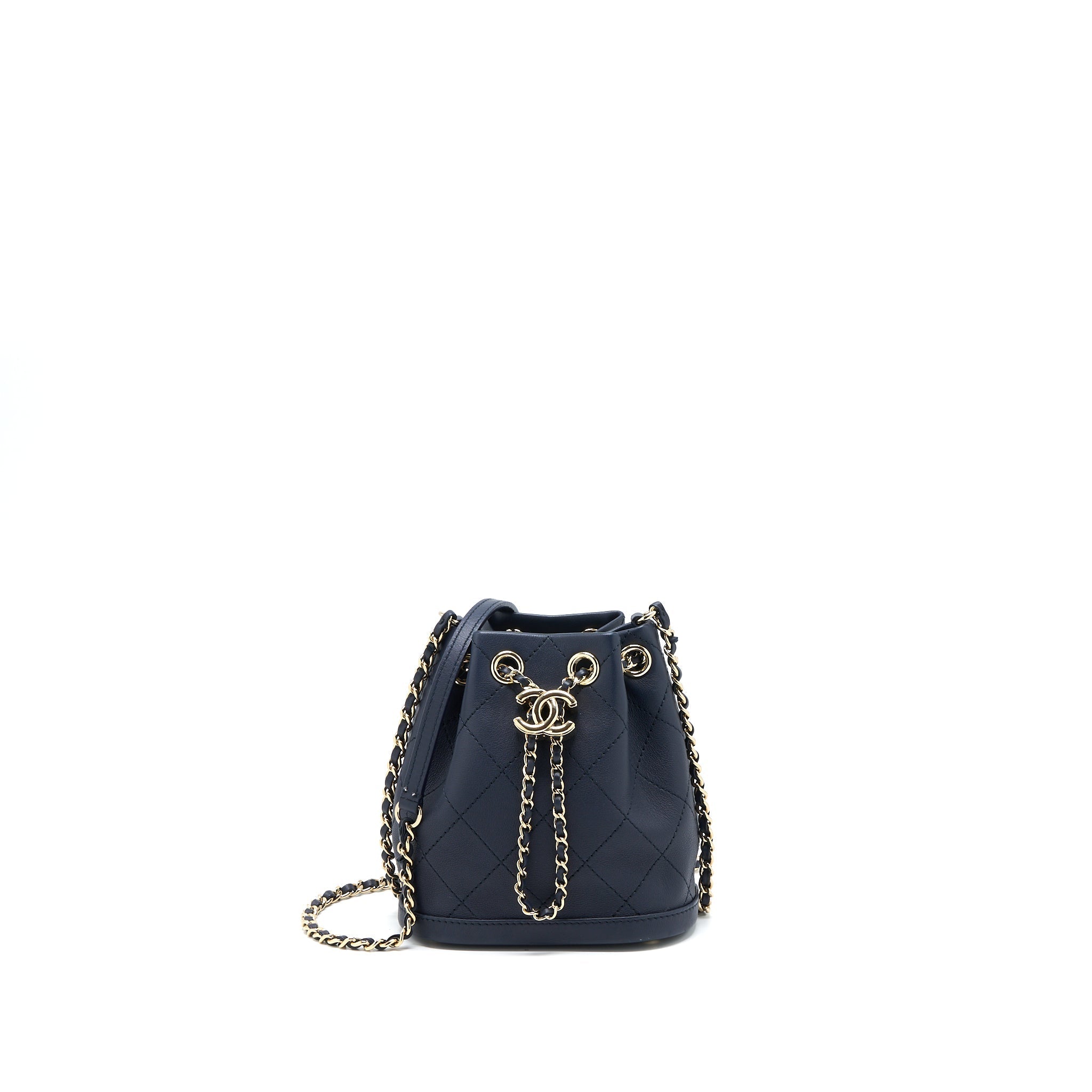 Chanel Mini Drawstring Bucket Bag Lambskin Navy