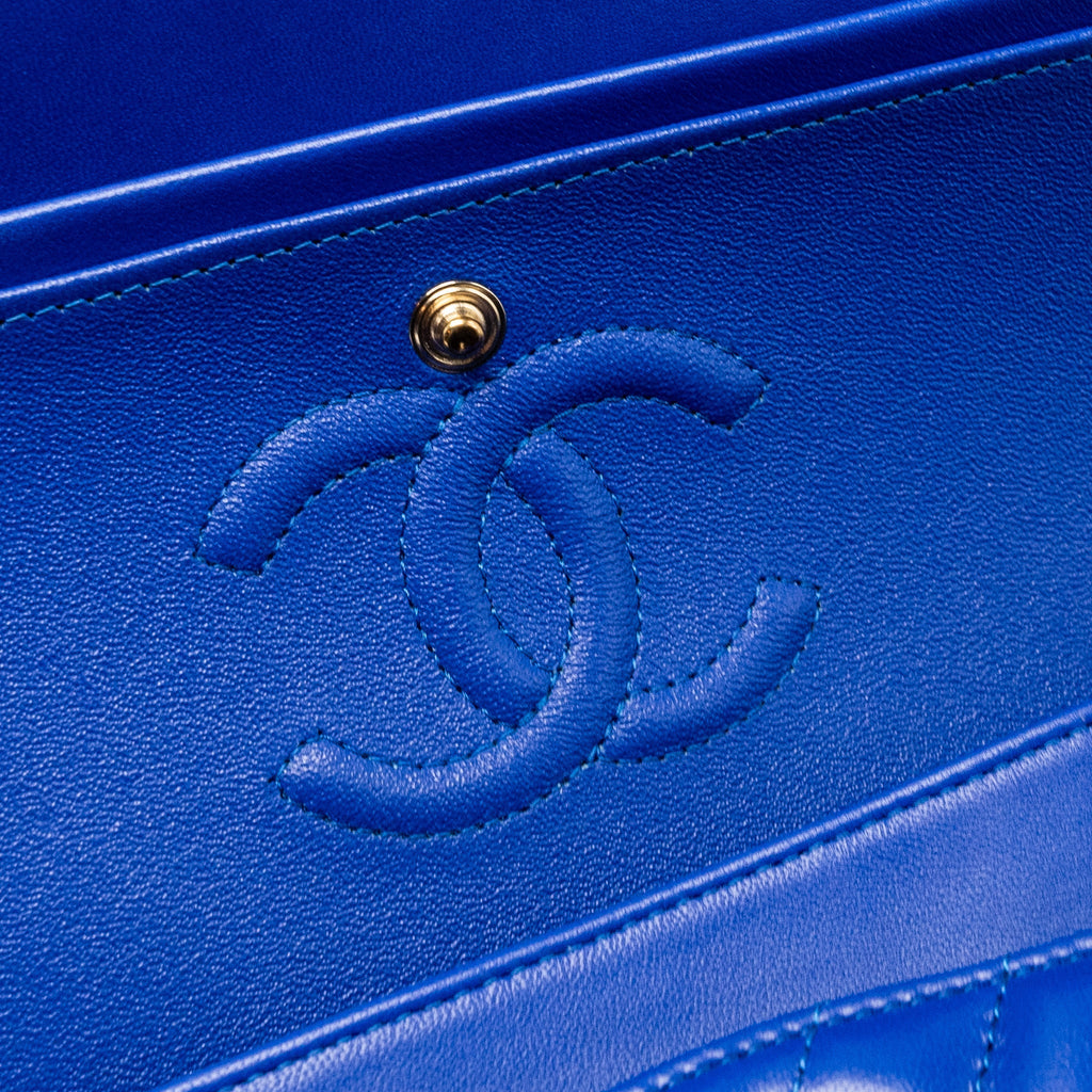 Chanel small classic double flap bag chevron lambskin blue L