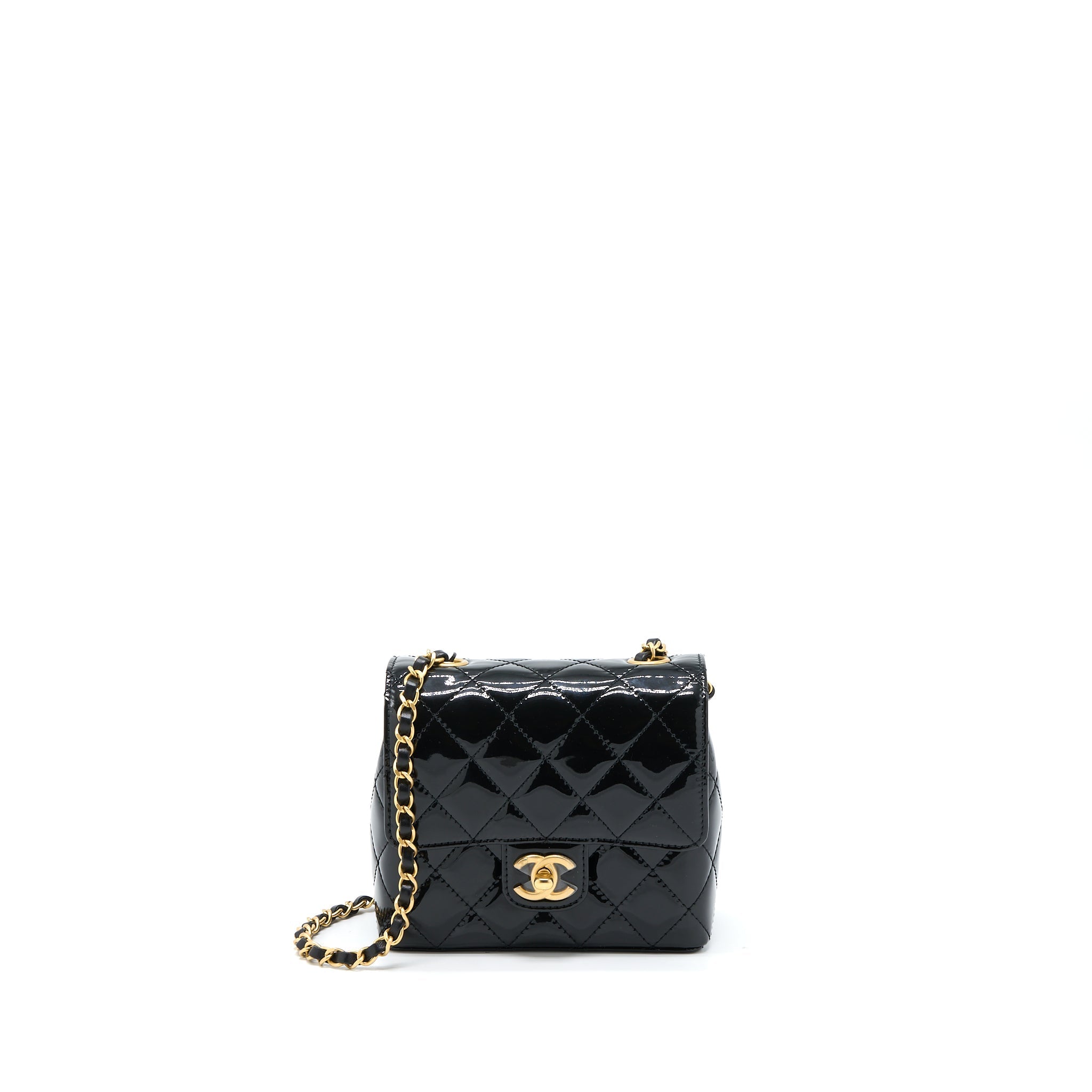 Chanel 22K Retro Classic New Square Mini Flap Bag Patent Black Brushed  (Microchip)