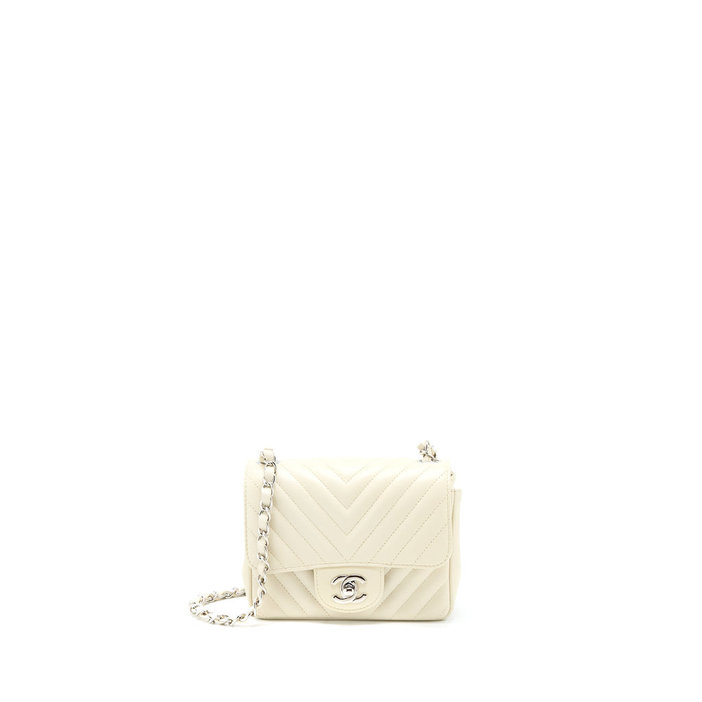 Chanel 21c Mini Square Flap Bag Chevron Lambskin Beige