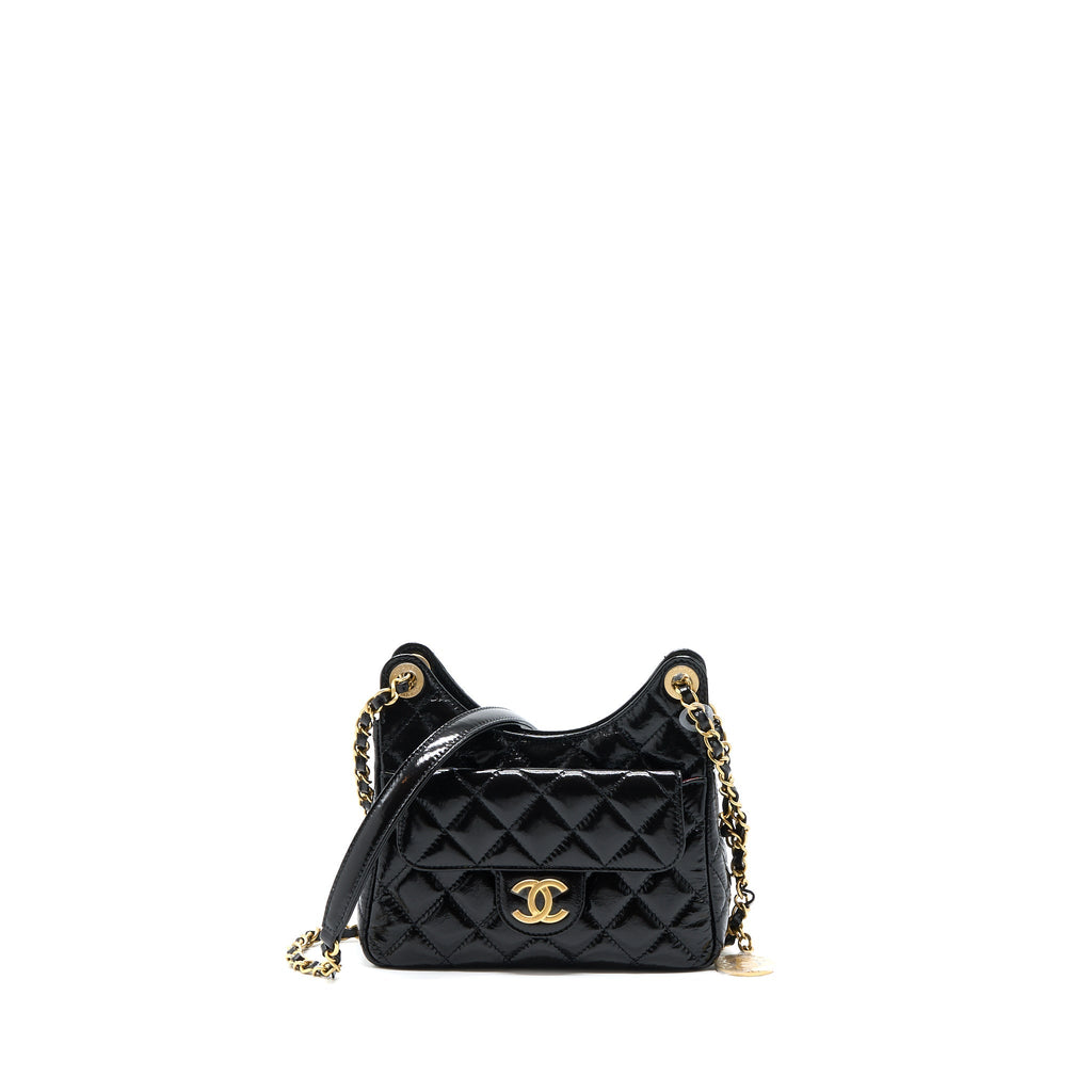 Chanel 23c Small Hobo Bag Shiny Calfskin Black Brushed  (Microchip)