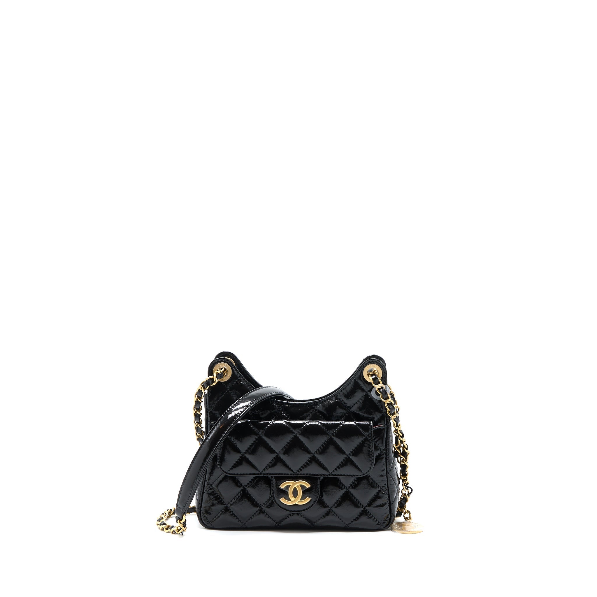 Chanel 23c Small Hobo Bag Shiny Calfskin Black Brushed  (Microchip)