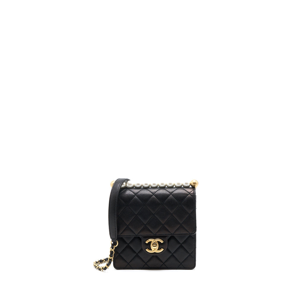 Chanel Vertical Pearl Flap Bag Goatskin Black Brushed